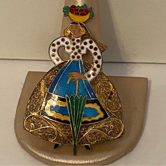 TOPAZIO PORTUGAL BROOCH VINTAGE ENAMEL FILIGREE LADY BRASS BLUE - Picture 3 of 6